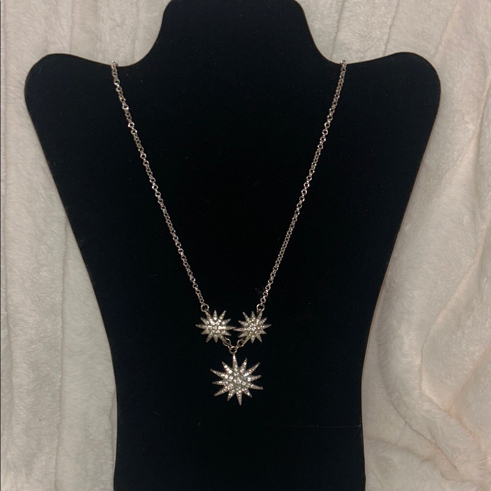 Elegant Long Vintage Stainless Steel Triple Starburst Necklace
